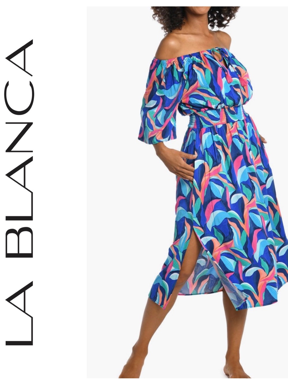 La Blanca One-Shoulder Painted Blue Multi-Color Midi Dress size Medium